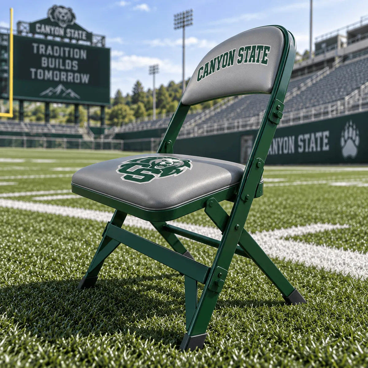 Custom school-branded sideline chair positioned on a college football field