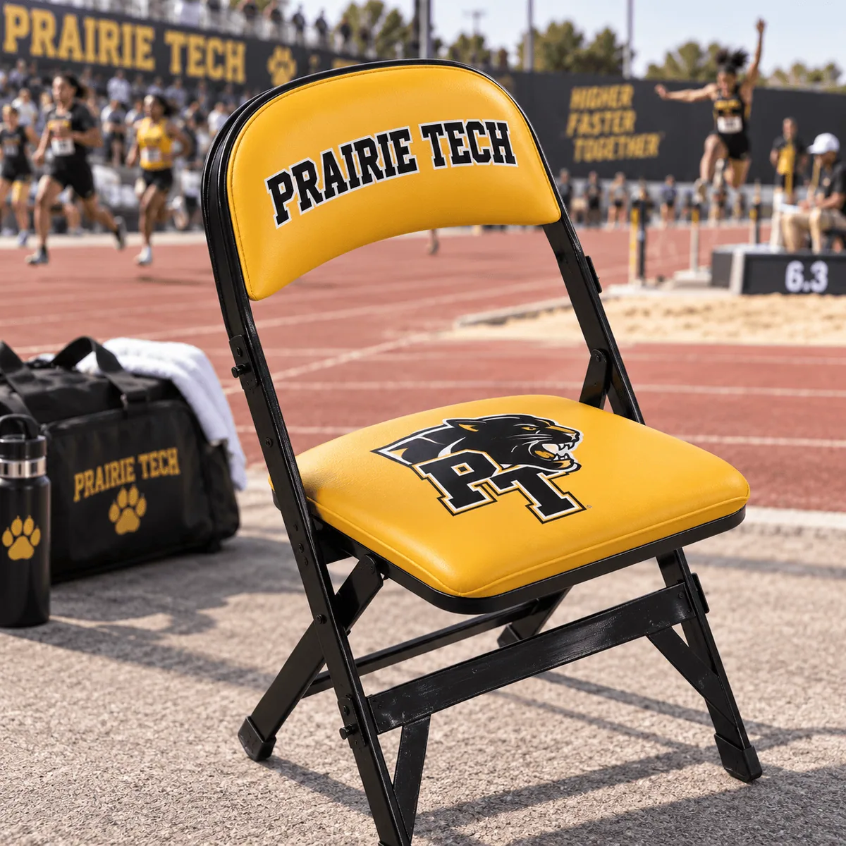 Custom school-branded athletic chair beside a college track and field competition