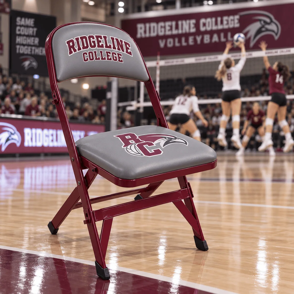 Custom school-branded team chair on a college volleyball court during a match