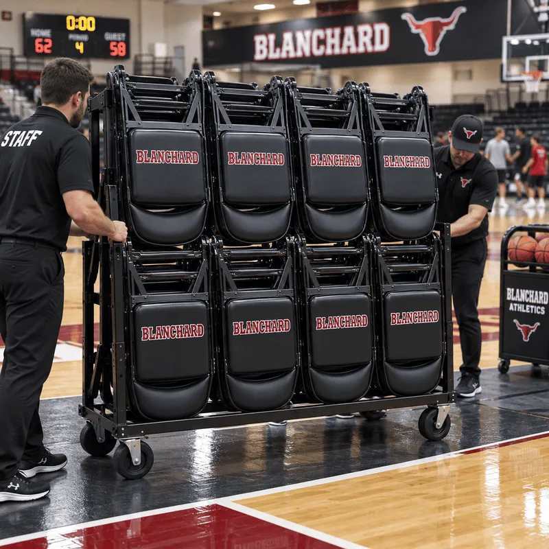 Double tier storage cart for folding sideline chairs in a college basketball gym