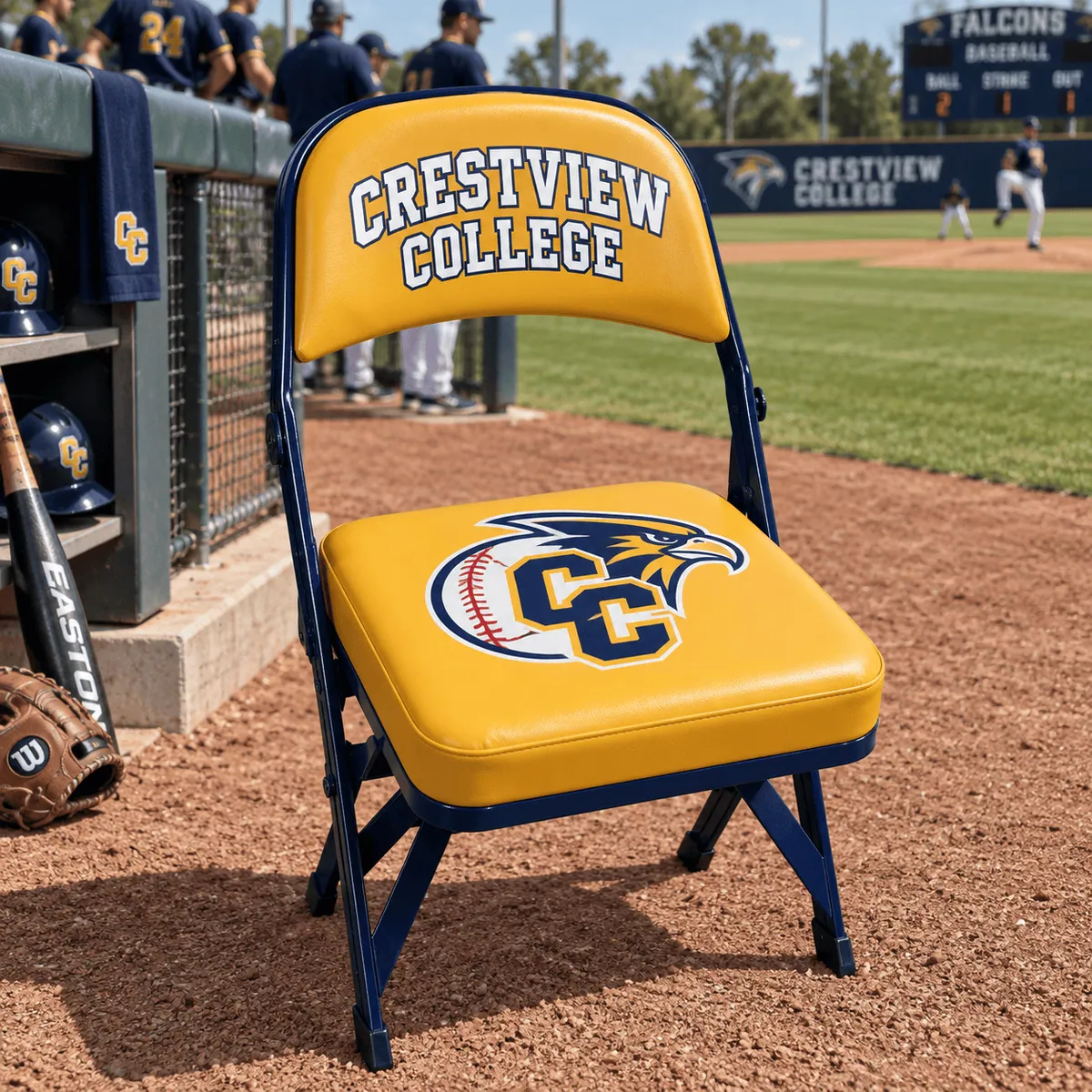 GV340A Courtside Chair with custom college baseball branding beside a baseball field