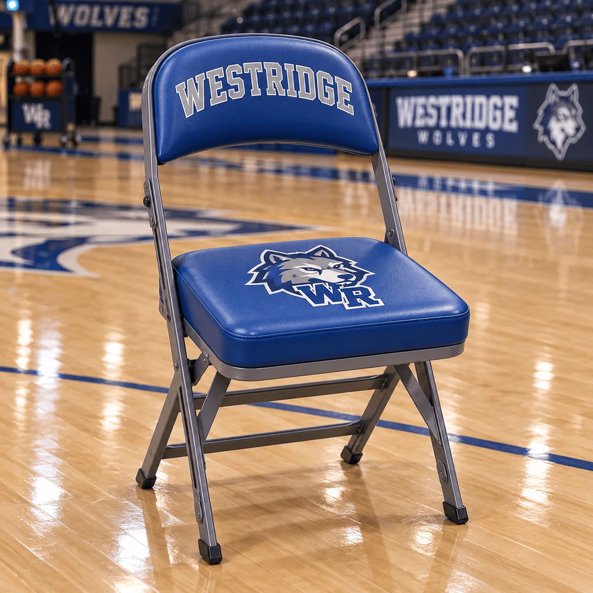 GV340A Courtside Chair with custom school logo on a college basketball court