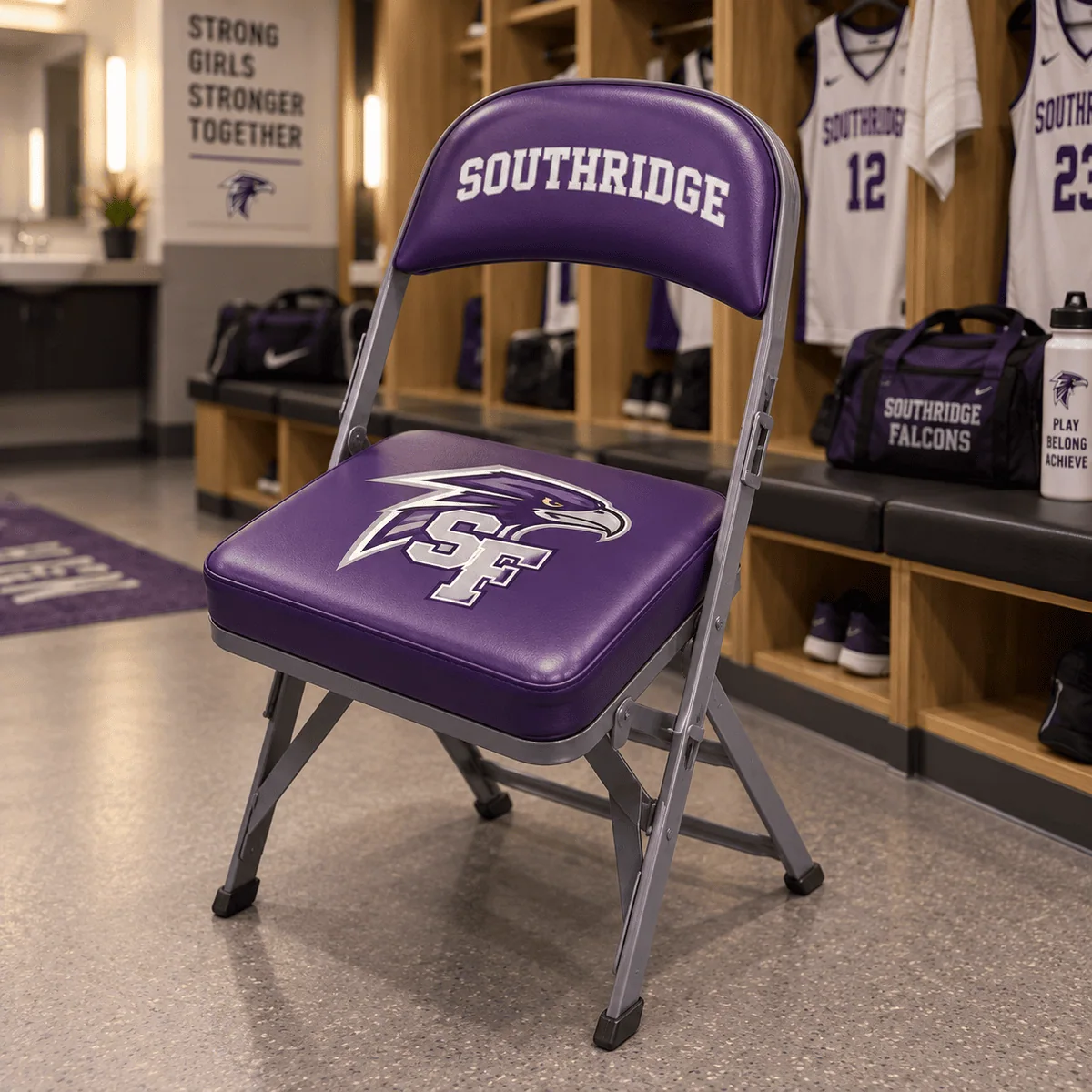 Purple GV340A Courtside Chair with custom school branding in a girls locker room
