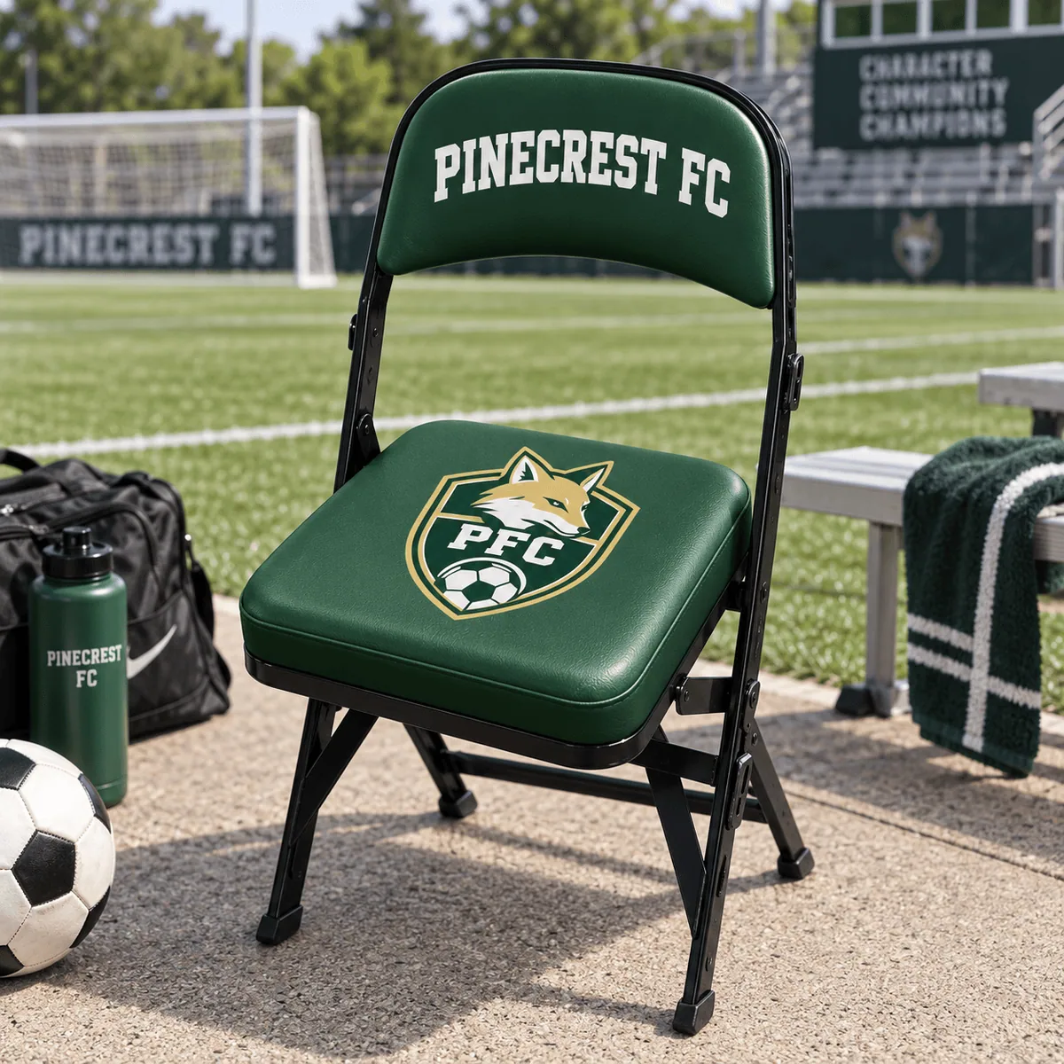 GV340A Courtside Chair with custom team branding beside a soccer field