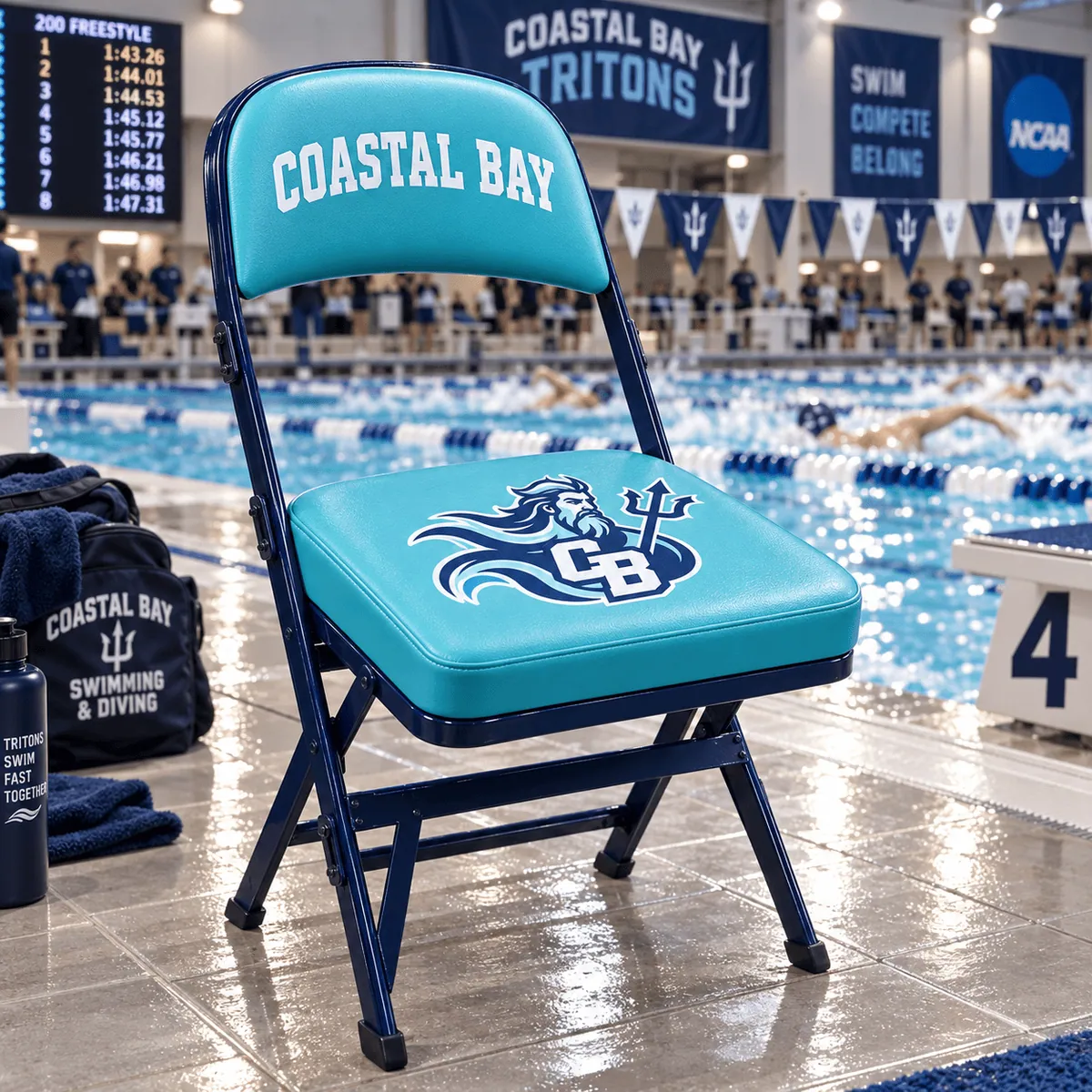 GV340A Courtside Chair with custom college branding beside an indoor swimming competition