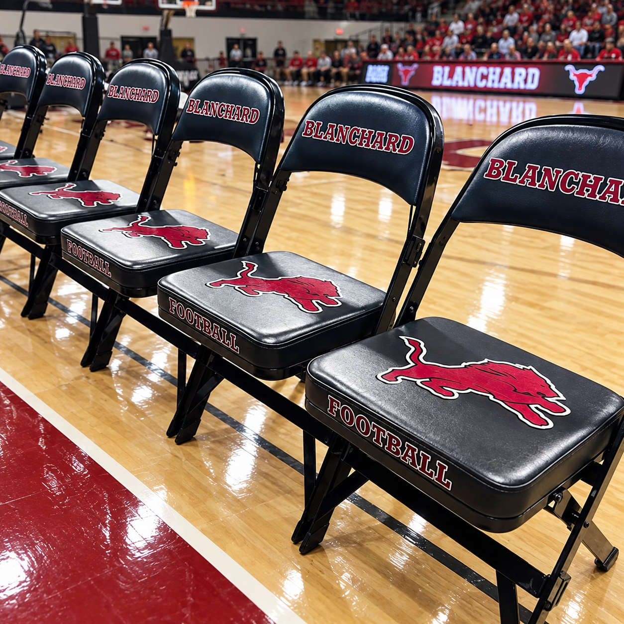 Custom sideline chairs with school colors and team logos in a basketball gym